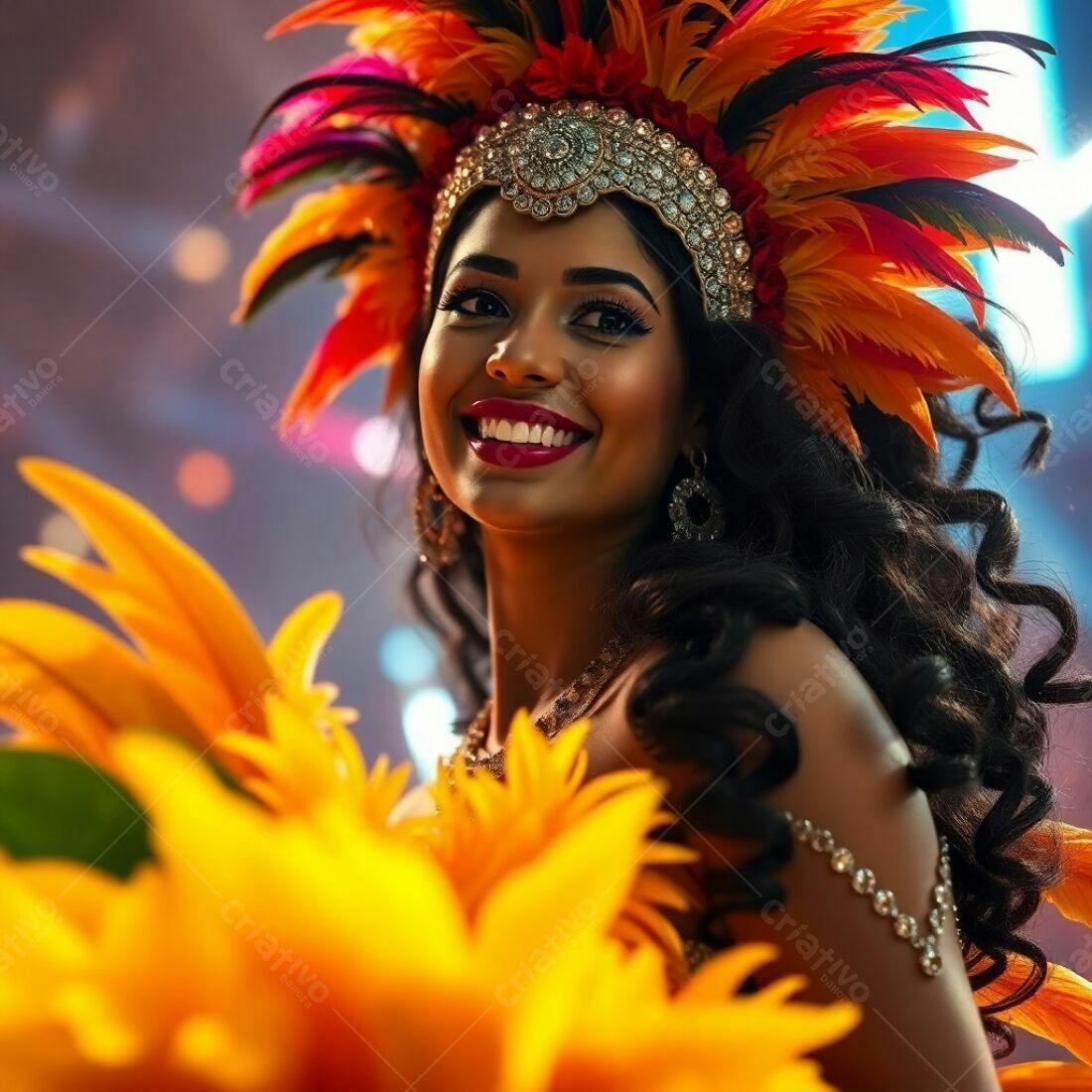 Bailarina sorridente com fantasia de penas laranja e amarela
