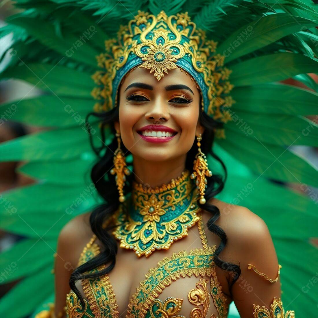Mulher sorrindo com fantasia verde e dourada no Carnaval