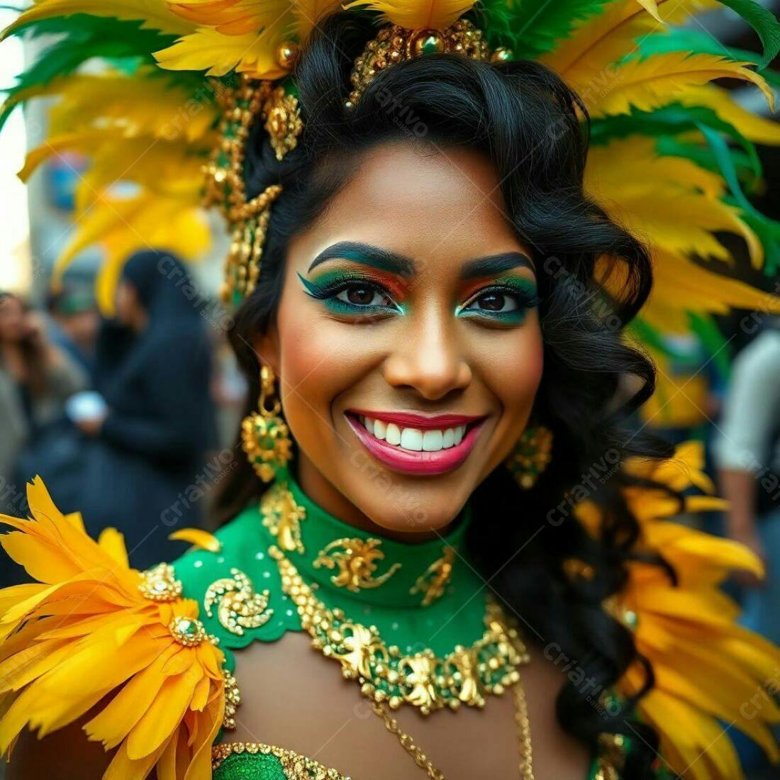 Mulher sorridente com fantasia de Carnaval verde e amarelo