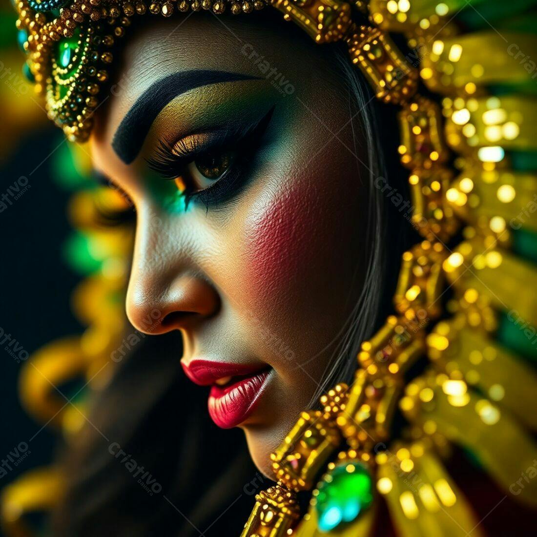 Mulher com maquiagem vibrante e joias douradas