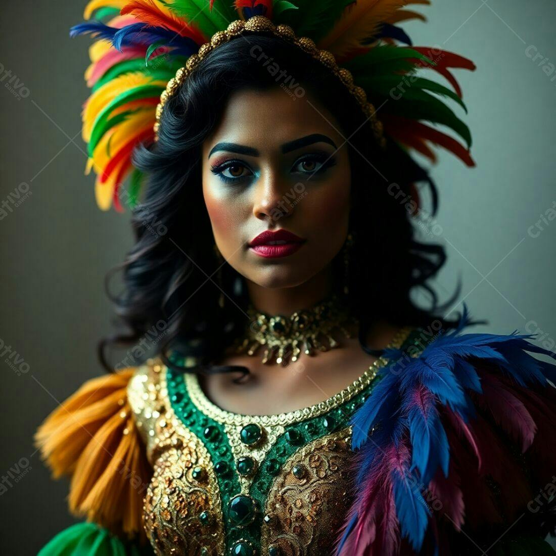 Mulher com fantasia de penas coloridas