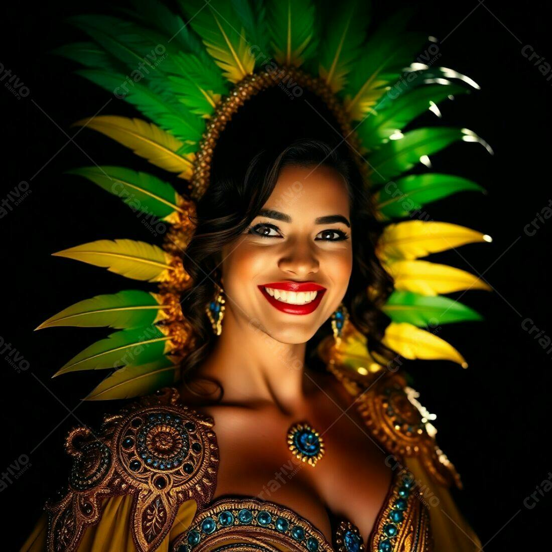 Modelo sorridente com fantasia de penas verdes e amarelas