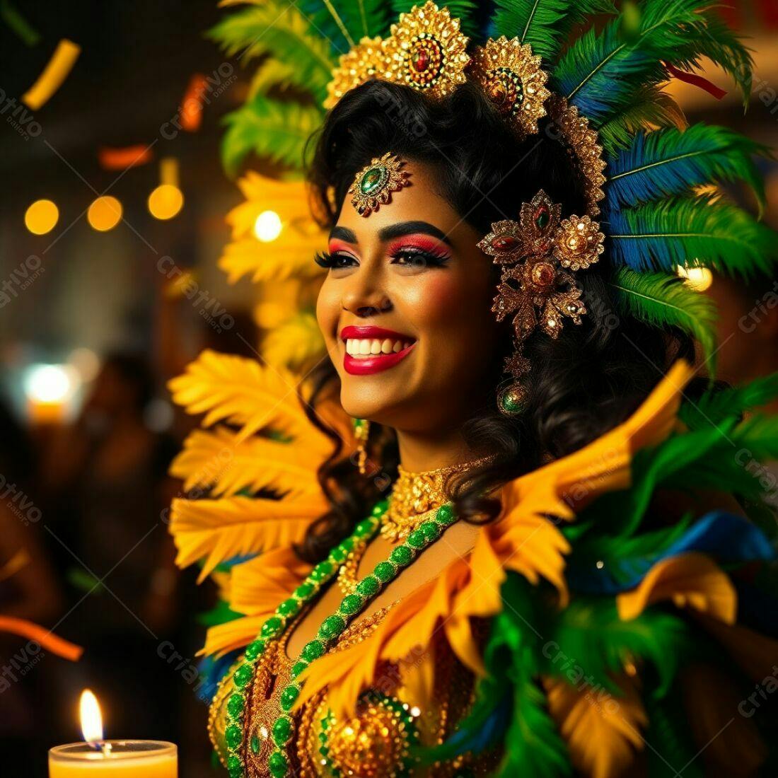 Rainha de Carnaval sorrindo com fantasia dourada e verde