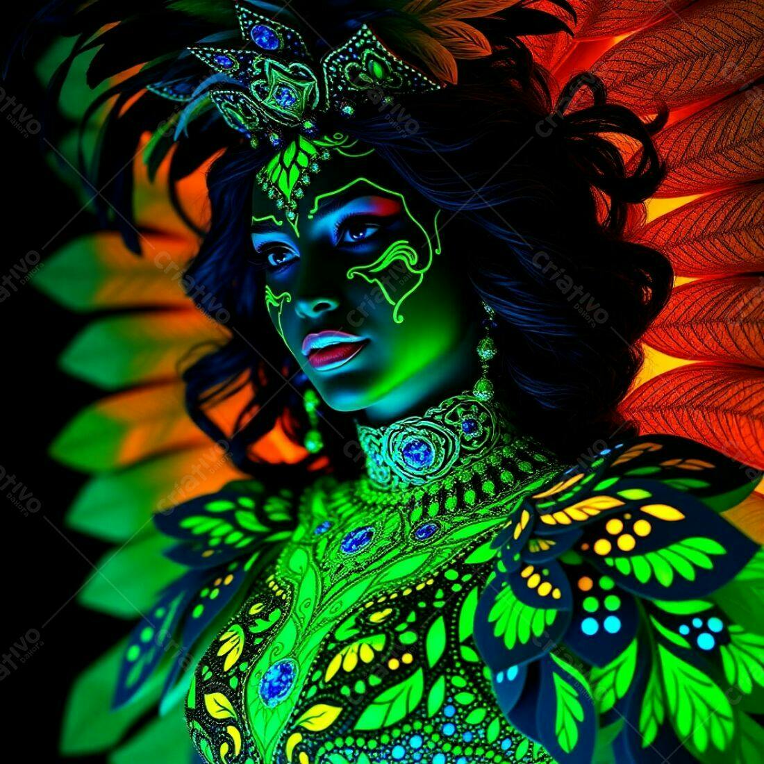 Modelo com pintura corporal neon em fantasia exuberante
