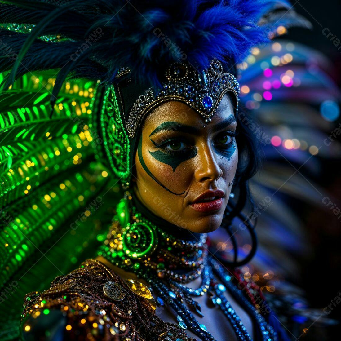 Modelo com fantasia de carnaval verde e azul
