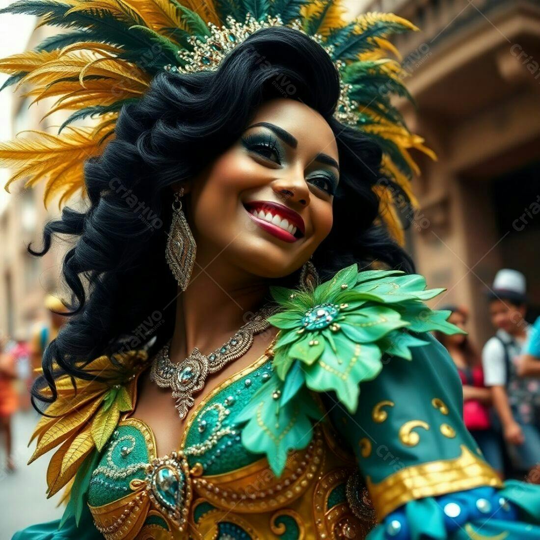 Rainha de Carnaval sorrindo traje verde e dourado