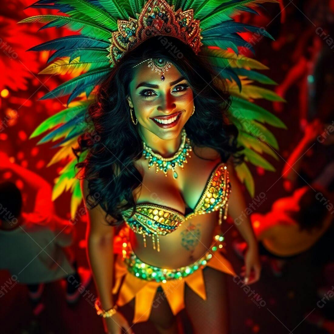 Bailarina de Carnaval sorrindo em festa noturna