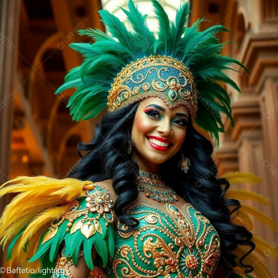 Modelo com fantasia verde e dourada