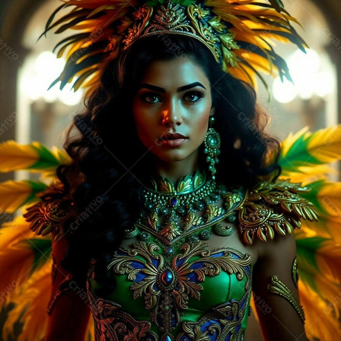 Mulher em traje de Carnaval verde e dourado