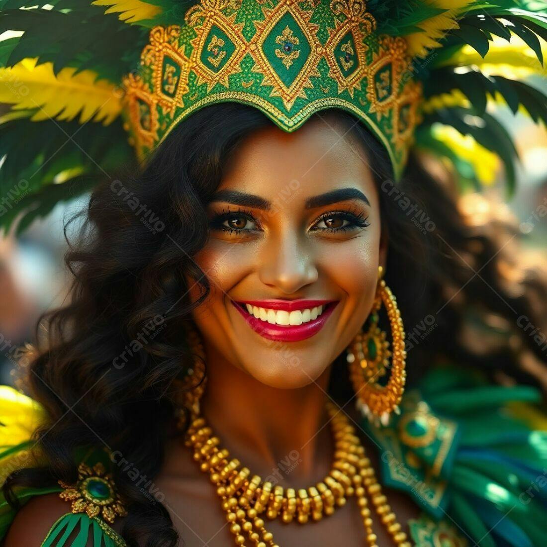Mulher sorridente com fantasia de Carnaval verde e dourado