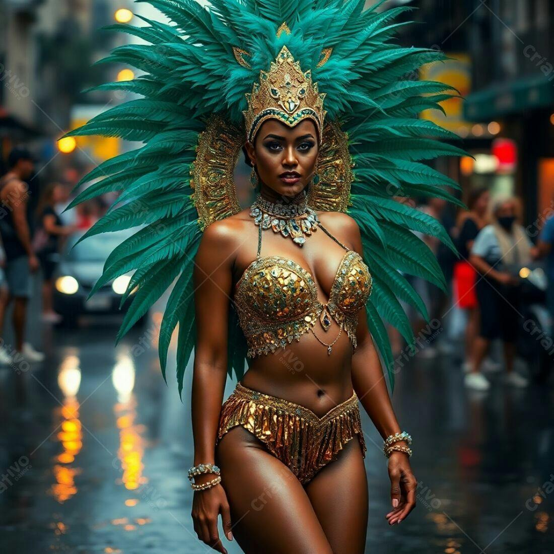 Mulher negra em fantasia de carnaval dourada e verde