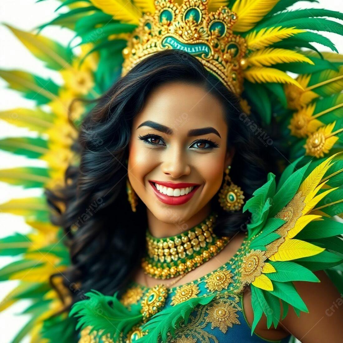 Modelo sorridente com fantasia verde e amarela