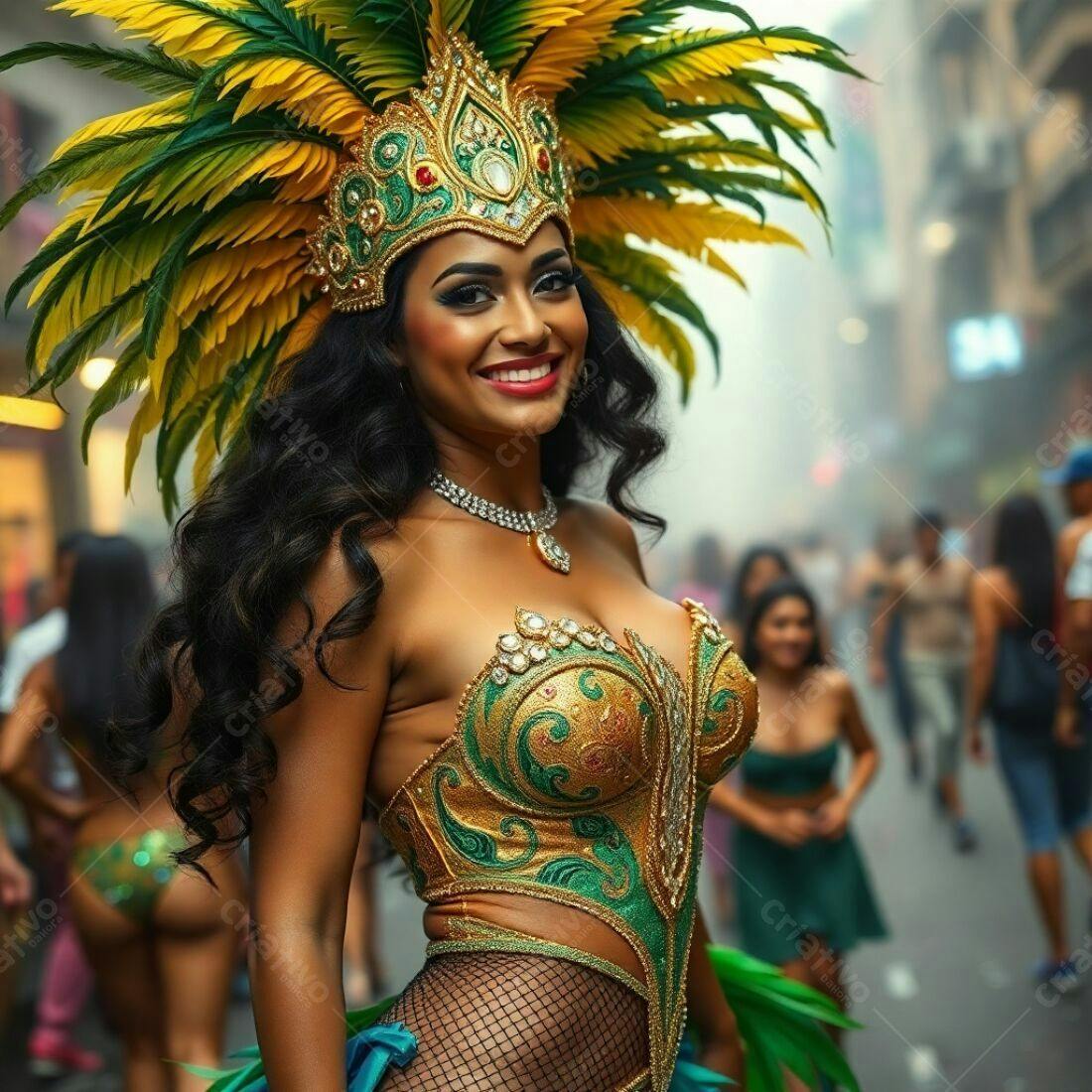 Bailarina de Carnaval com fantasia dourada e verde