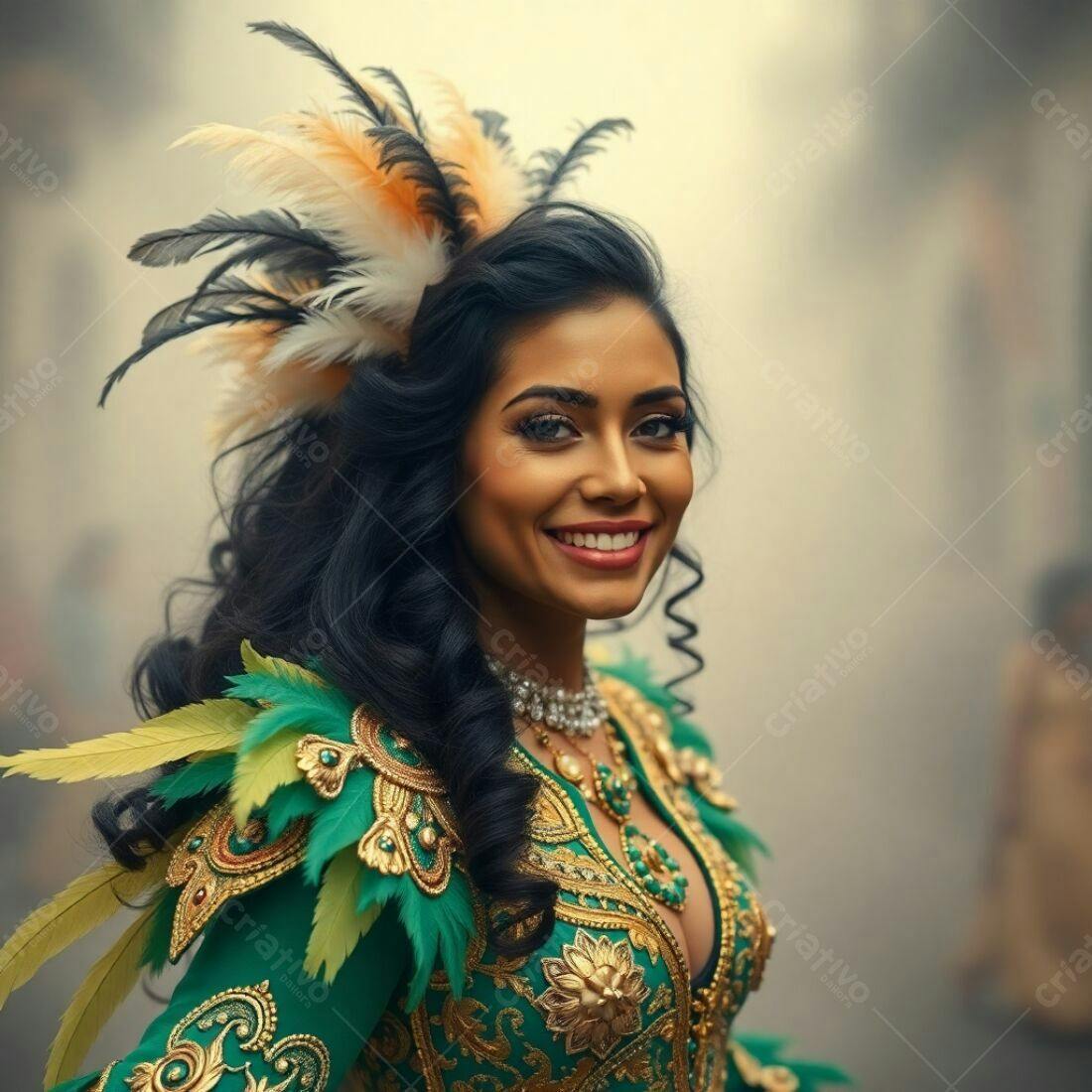 Mulher sorridente em traje verde e dourado