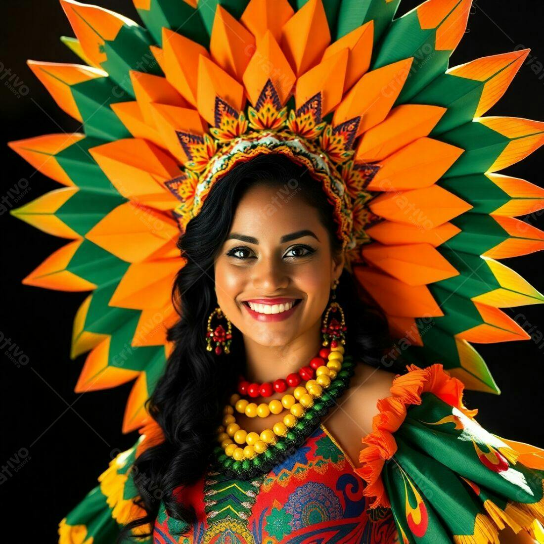Mulher sorridente com traje folclórico laranja e verde