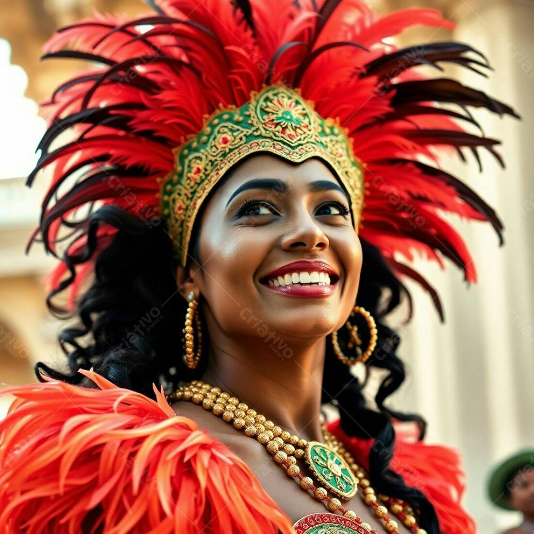 Mulher sorridente com fantasia de penas vermelhas