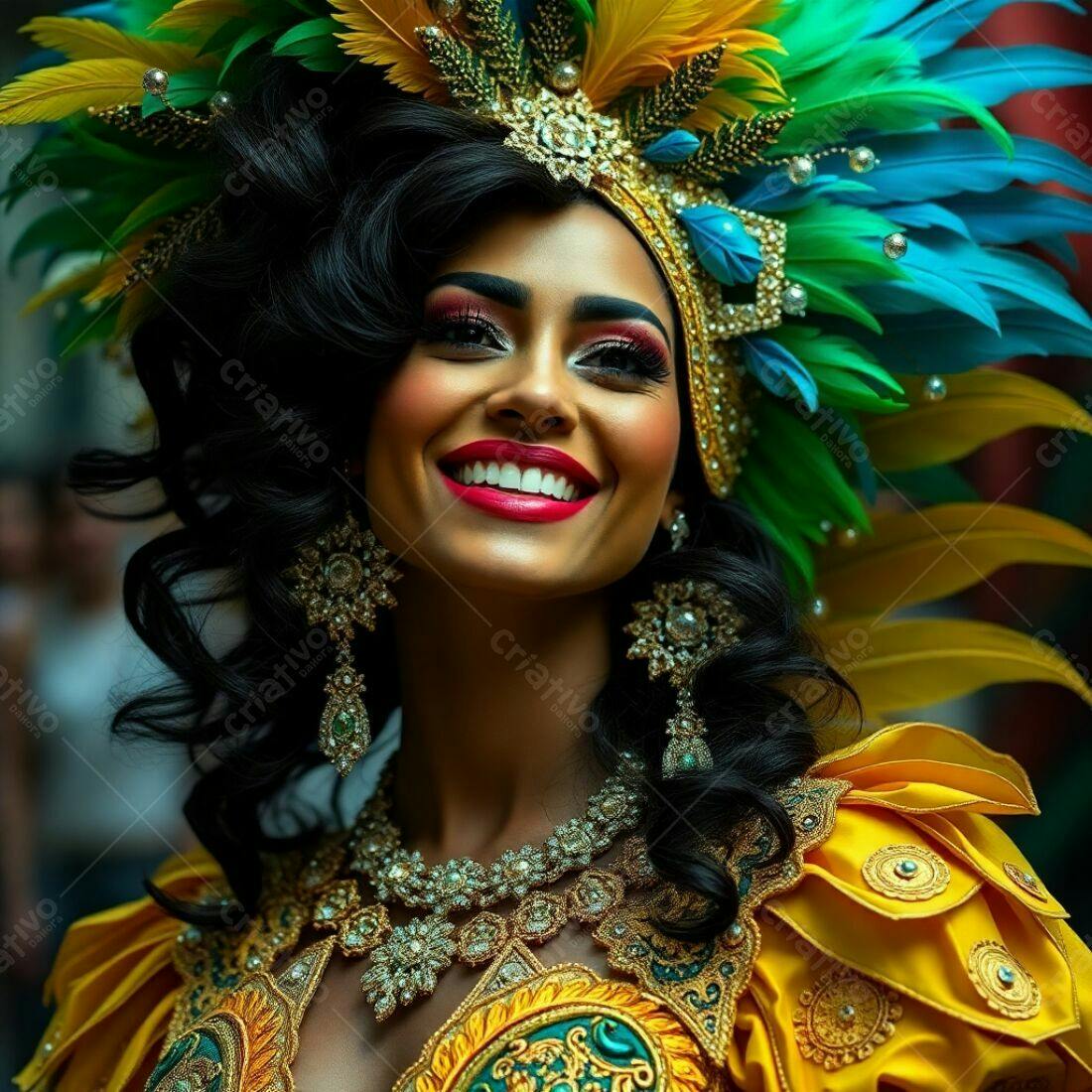 Modelo sorridente com fantasia de Carnaval