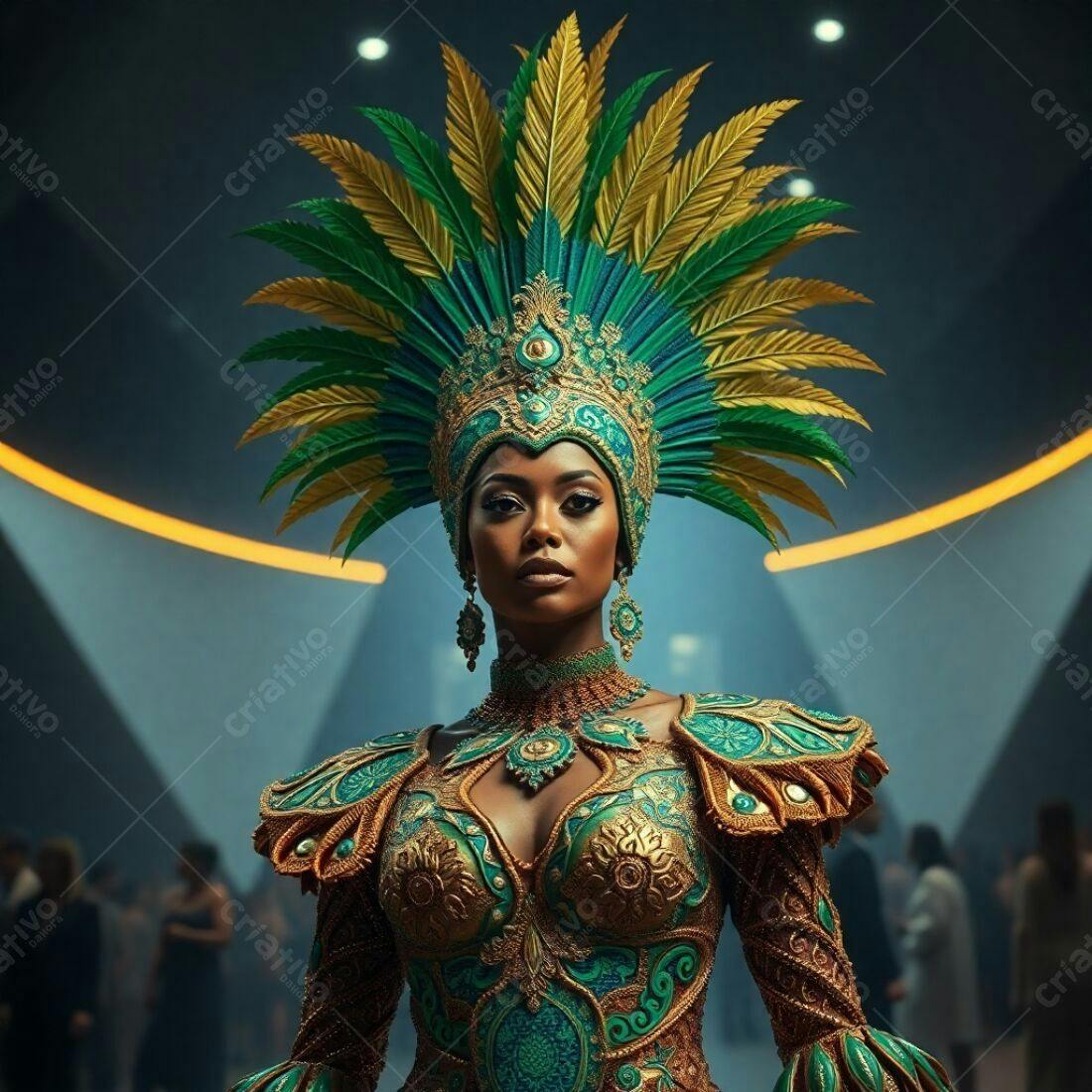 Modelo com fantasia verde e dourada