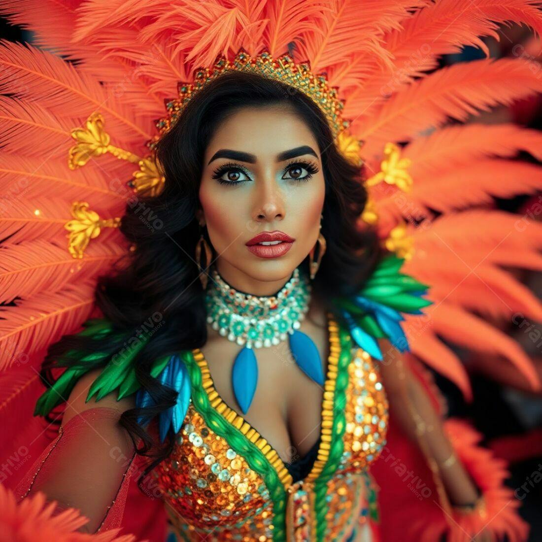 Modelo com fantasia de Carnaval laranja e verde