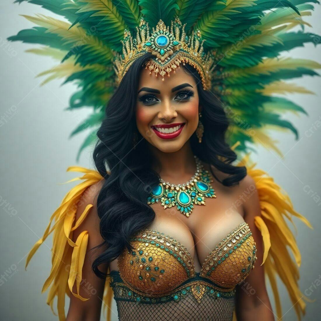Modelo com fantasia de carnaval verde e dourada