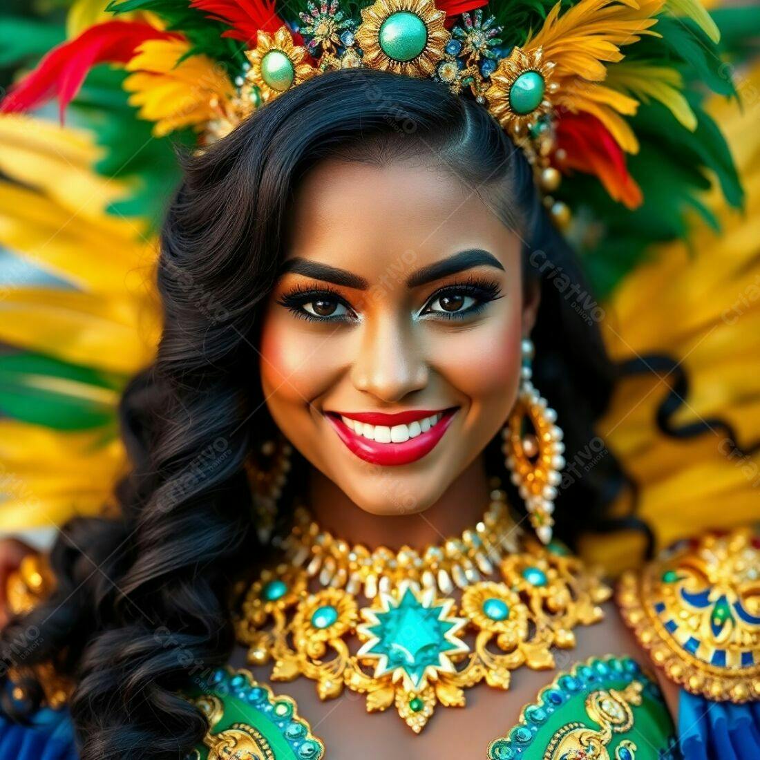 Modelo brasileira com maquiagem vibrante e fantasia de carnaval