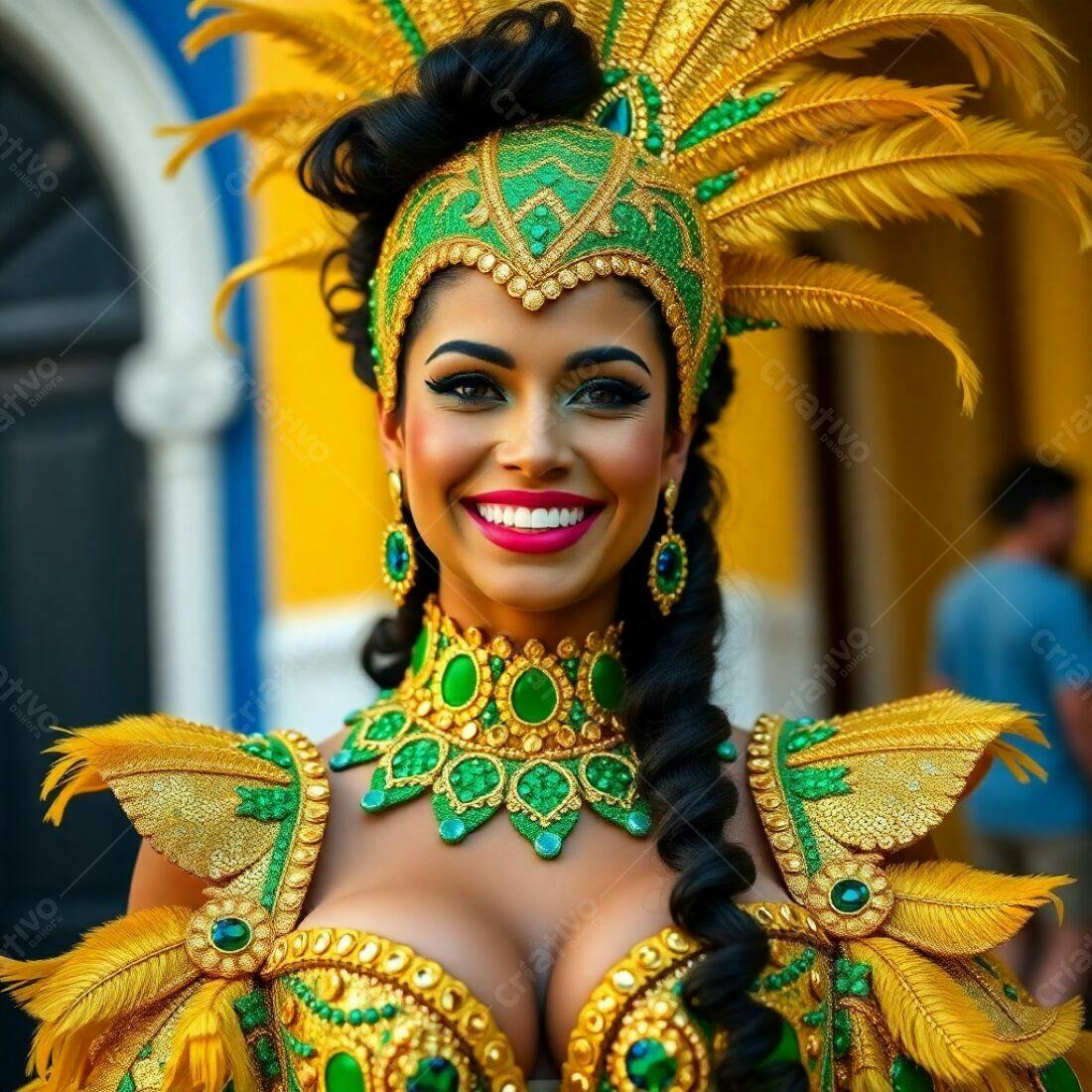 Rainha de Carnaval sorriso radiante fantasia verde dourado