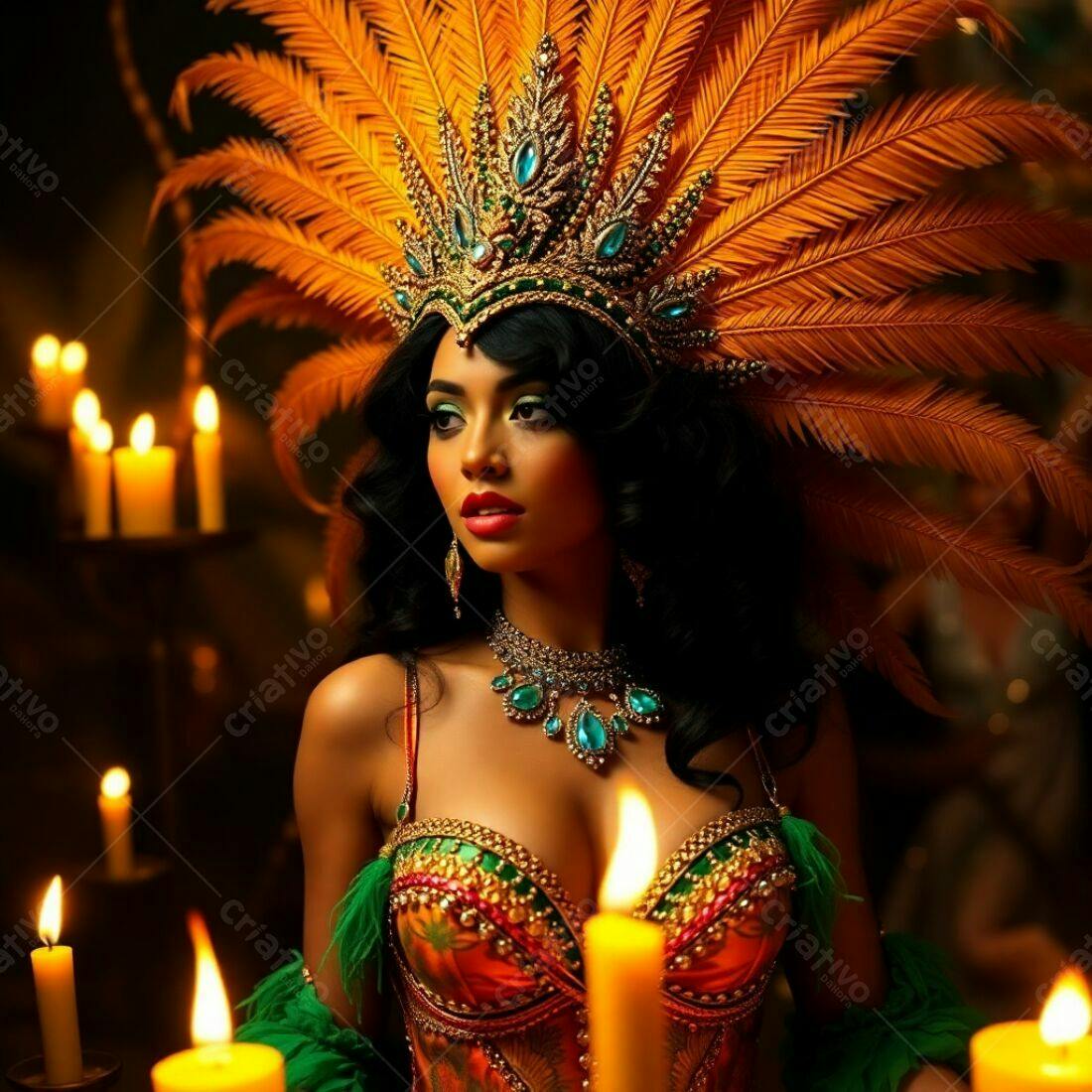 Modelo com fantasia de Carnaval em tons laranja e dourado