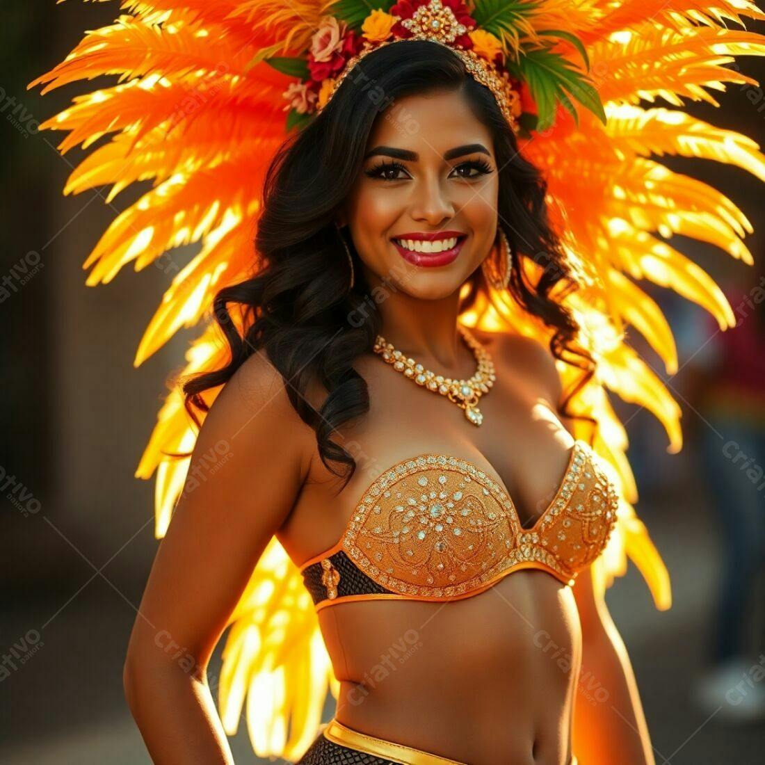 Modelo com fantasia dourada e plumas laranja em desfile