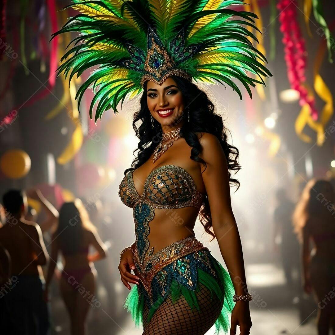 Modelo em fantasia de carnaval verde e dourado