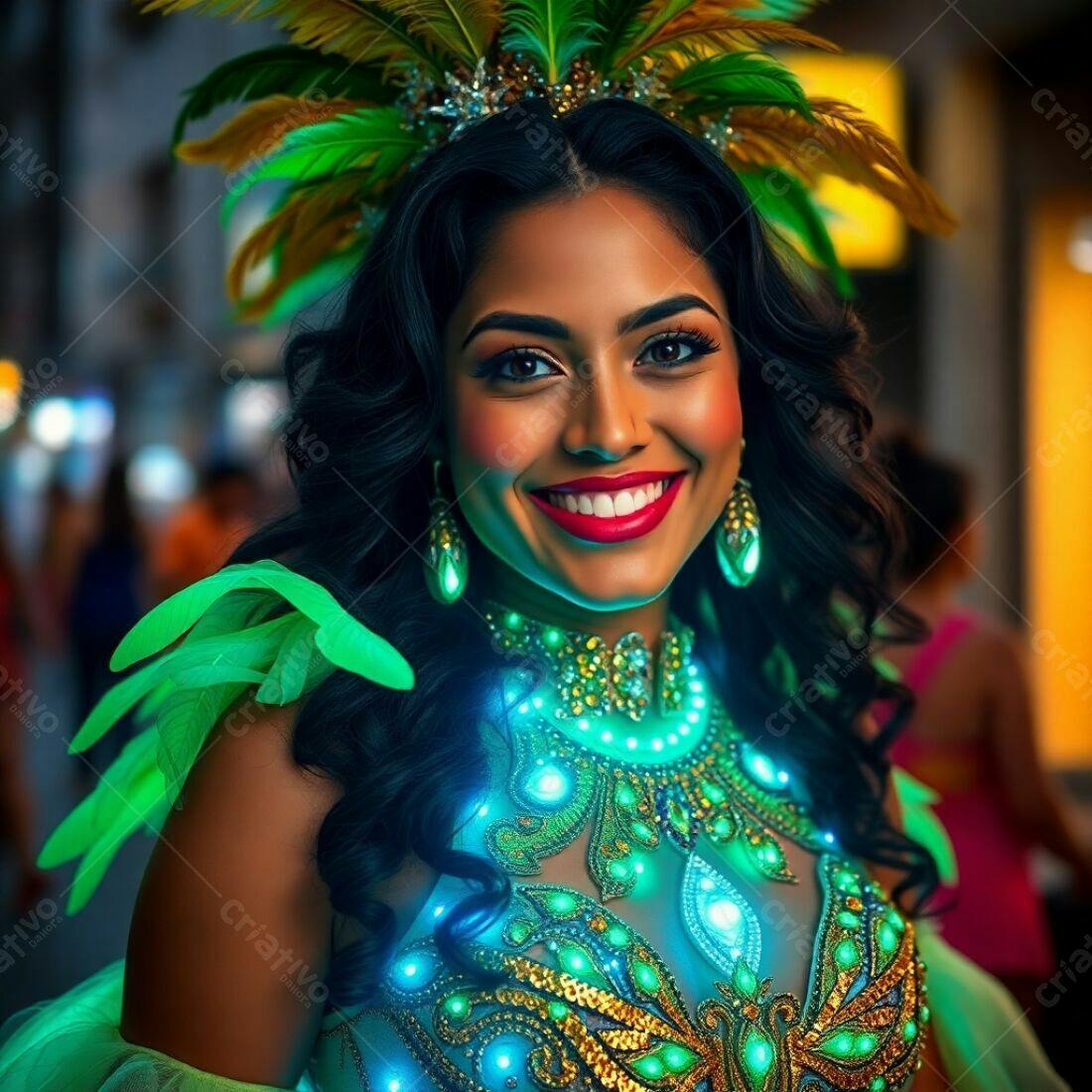 Modelo sorridente com fantasia de carnaval iluminada