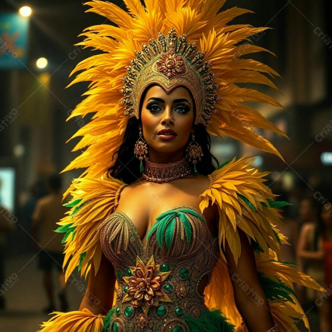 Mulher em fantasia de Carnaval dourada e verde