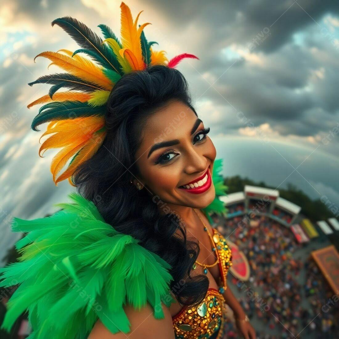 Modelo sorrindo com plumas vibrantes em festival