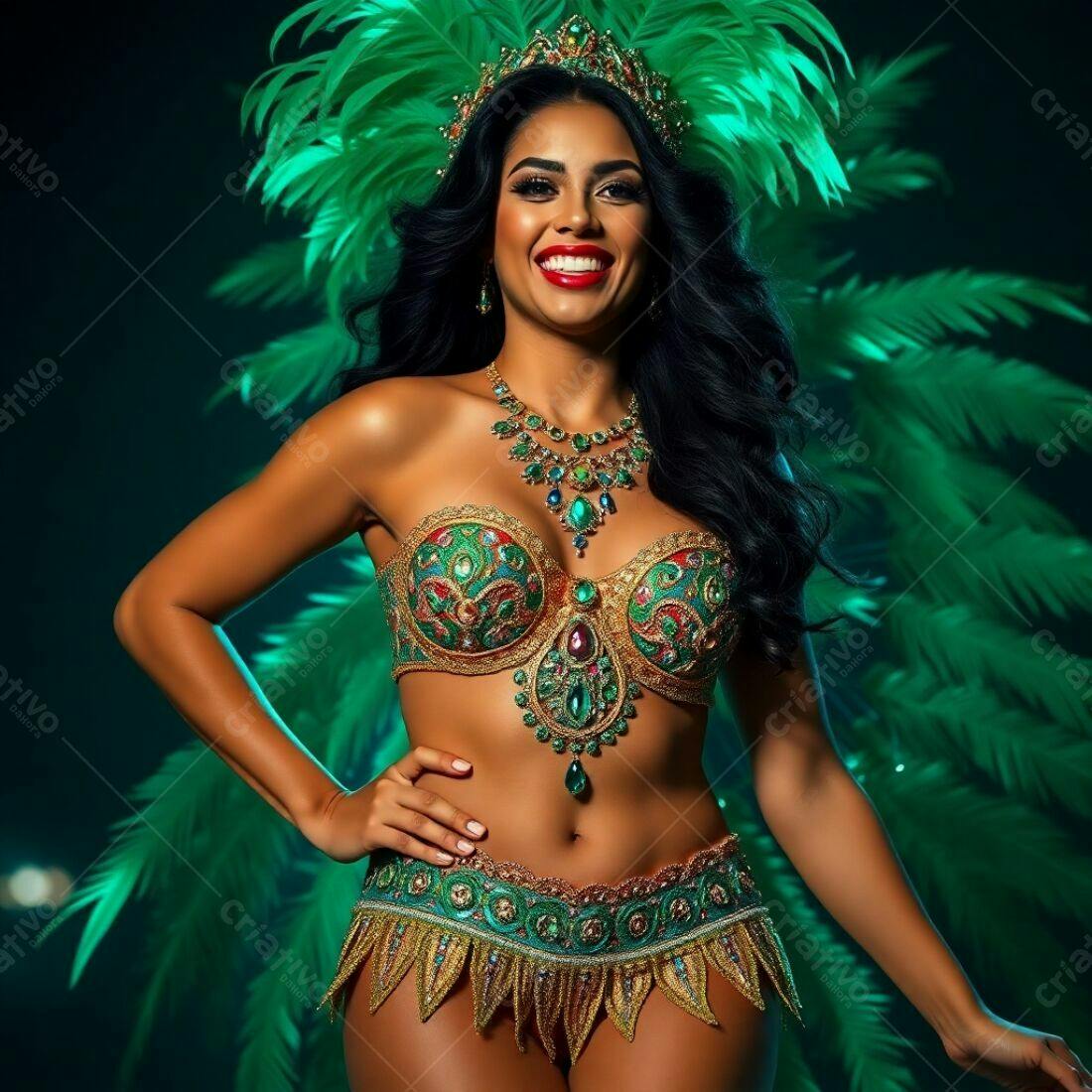 Mulher sorridente em fantasia de carnaval verde e dourado