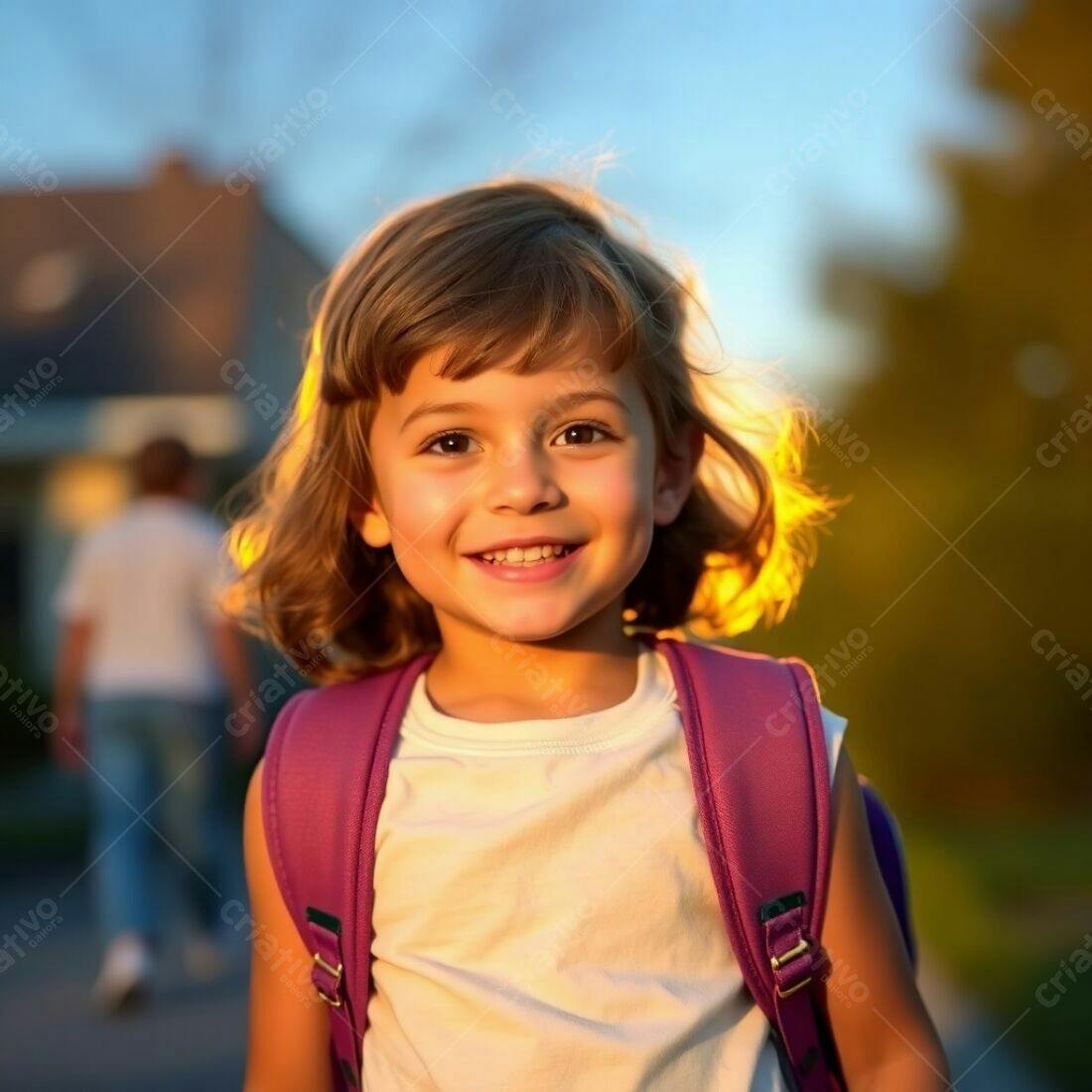 Menina sorridente com mochila ao entardecer