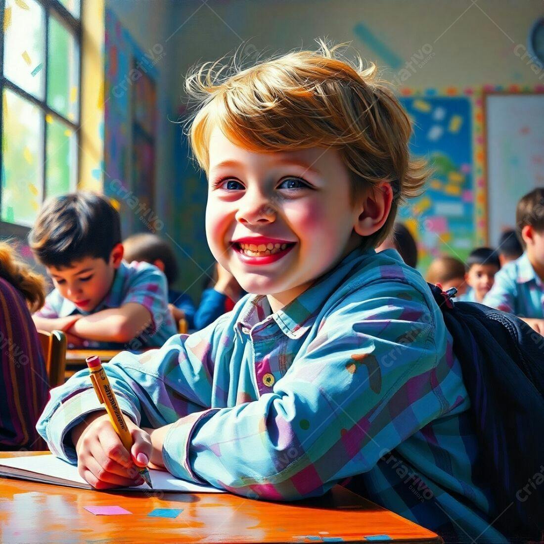 Criança feliz escrevendo na escola