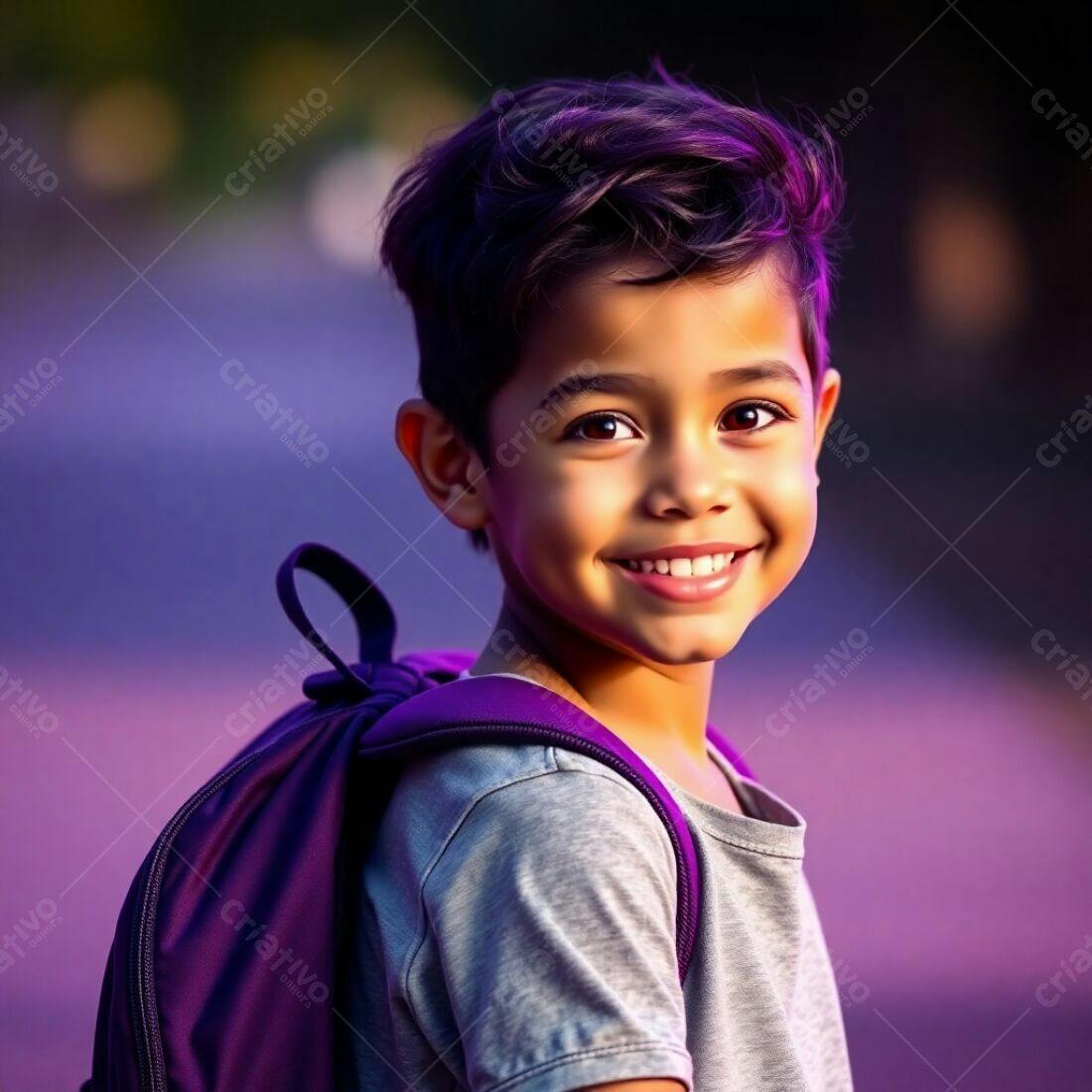 Criança sorridente com mochila roxa