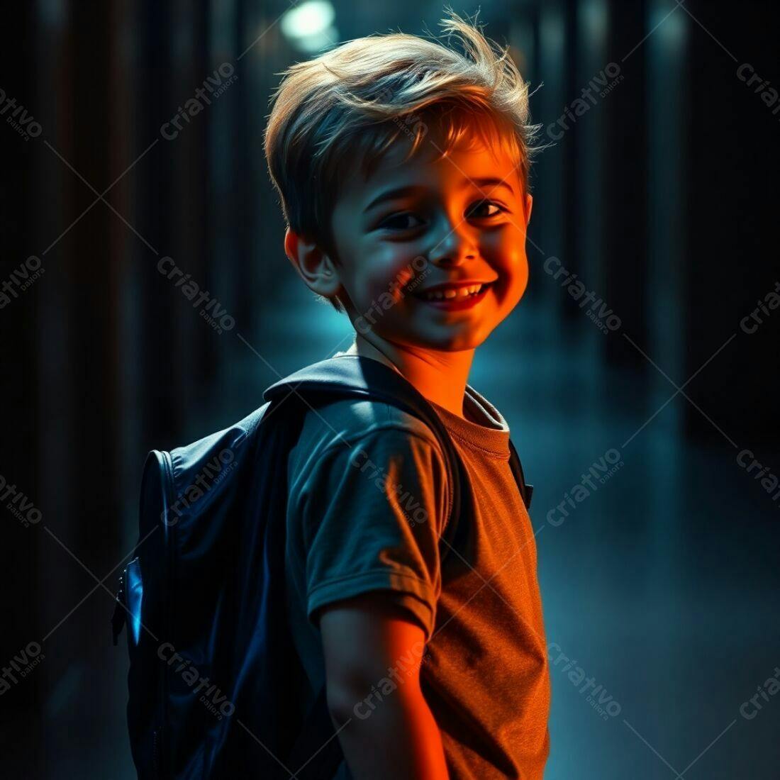 Menino sorridente com mochila em corredor