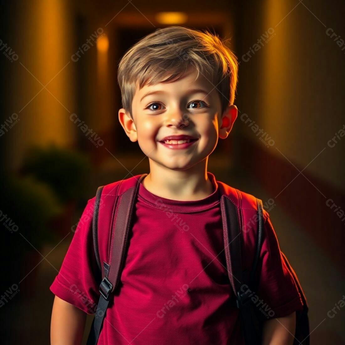Criança feliz com mochila na escola