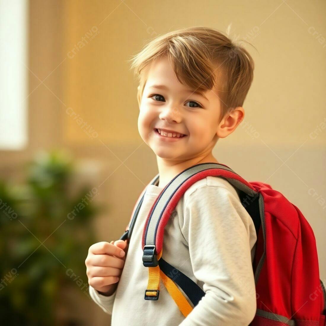 Criança feliz com mochila vermelha indo para escola