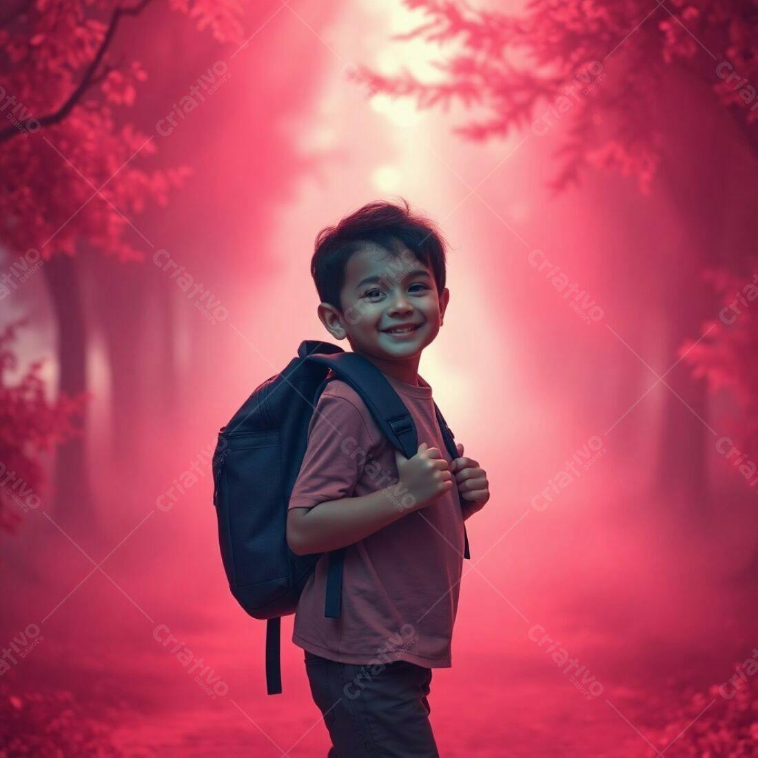 Menino sorridente com mochila em floresta rosa