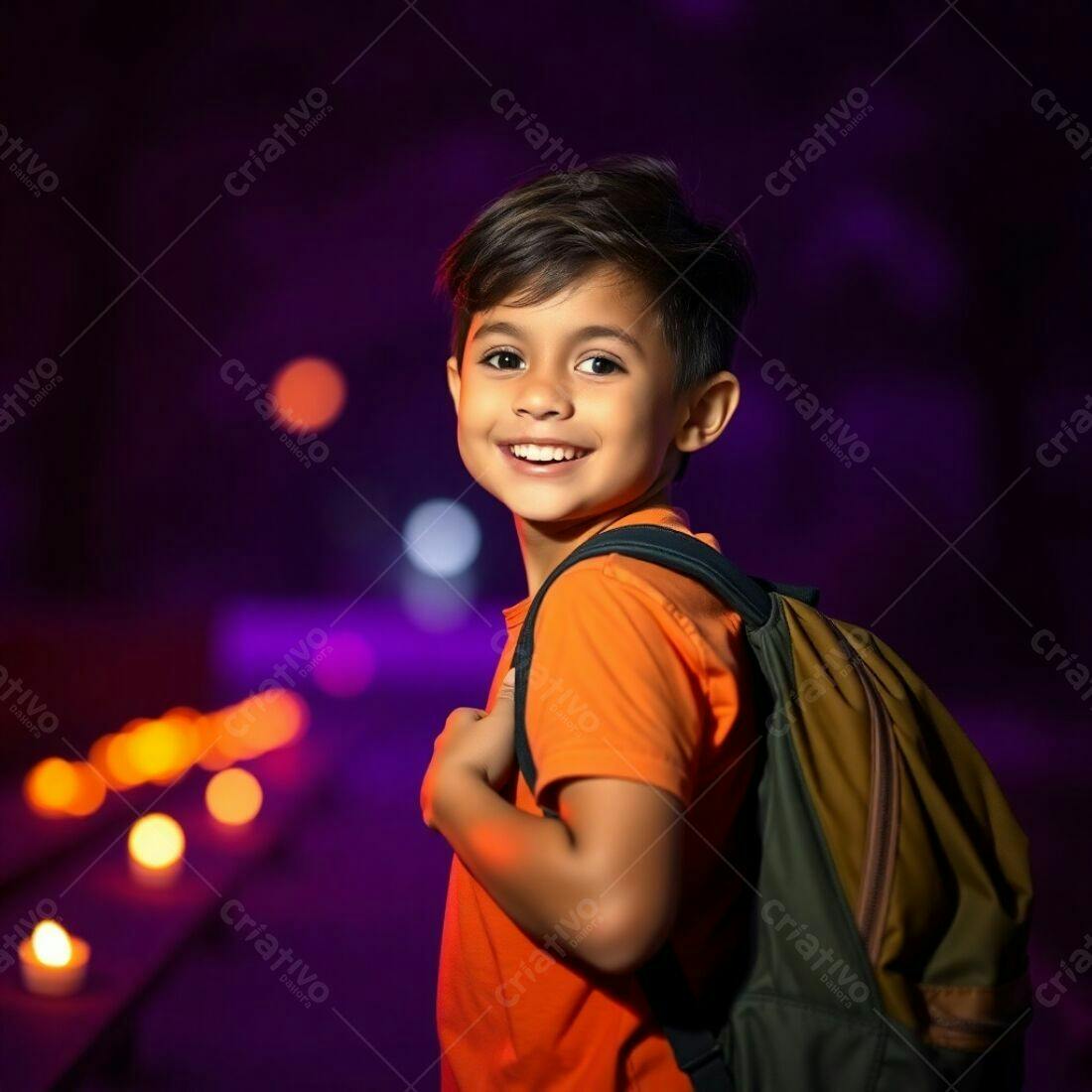Menino sorridente com mochila noite