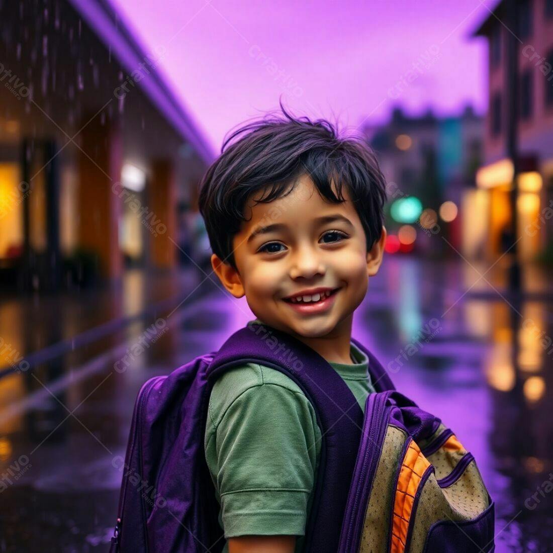 Criança sorridente com mochila após chuva