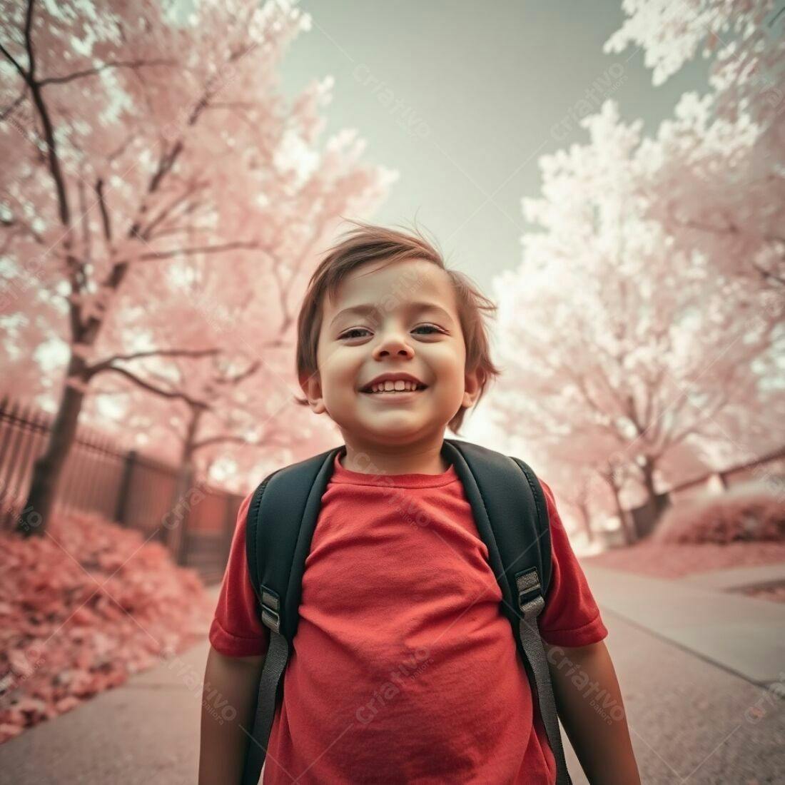 Criança feliz com mochila em parque rosa