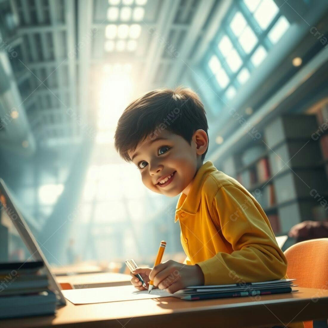 Criança desenhando em biblioteca amarela