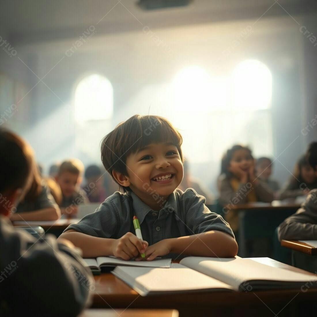 Criança feliz escrevendo na sala de aula