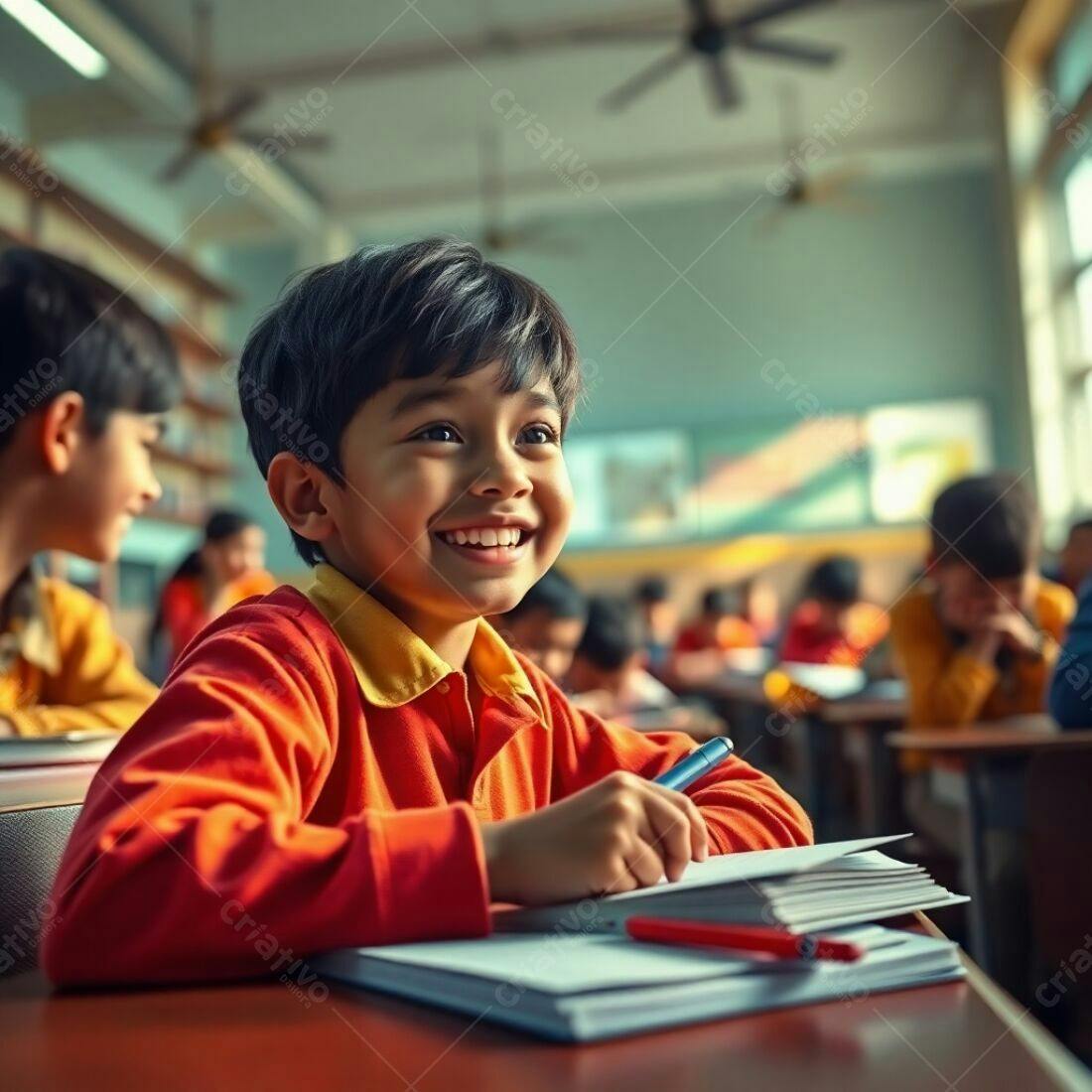 Criança feliz estudando na escola