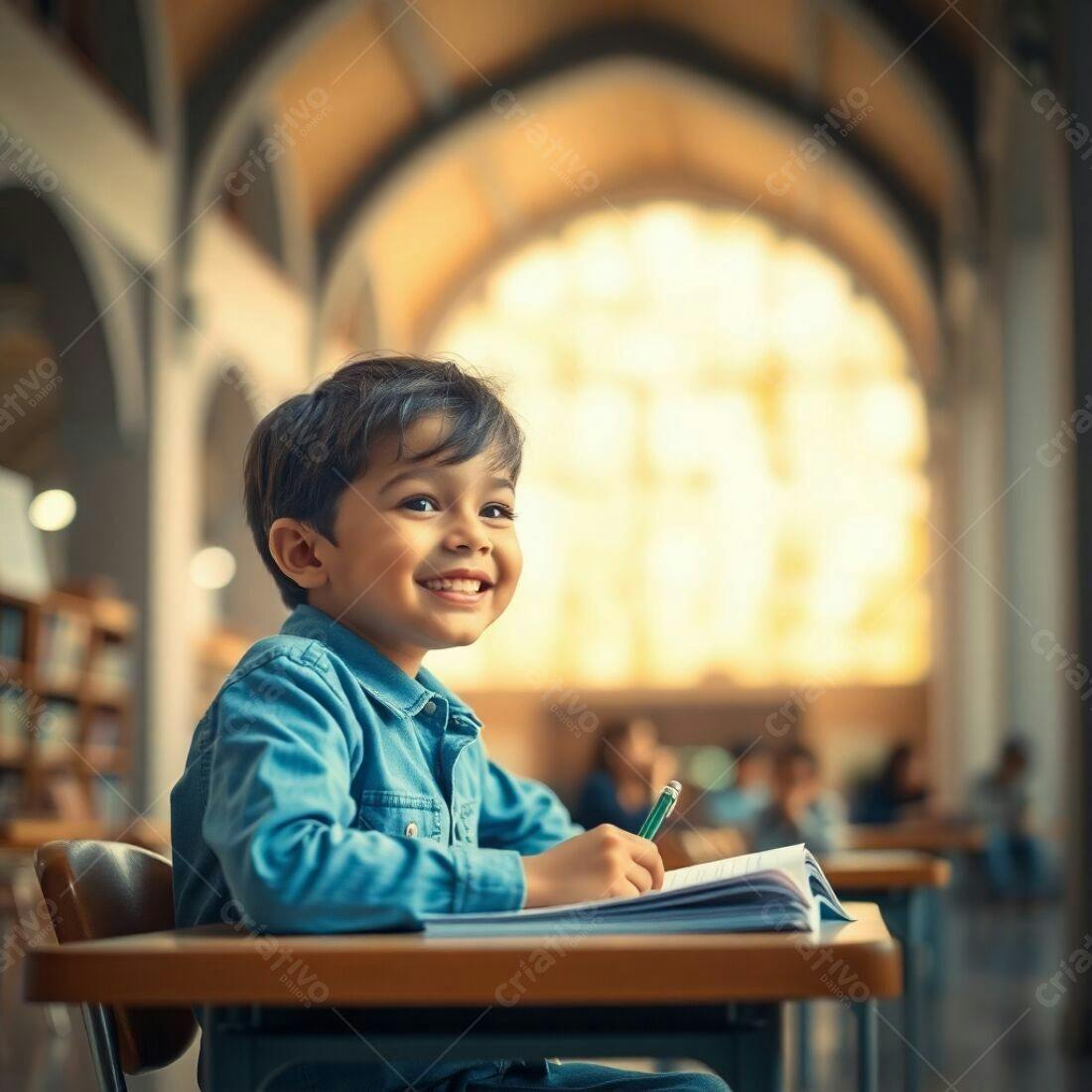 Criança feliz estudando em biblioteca
