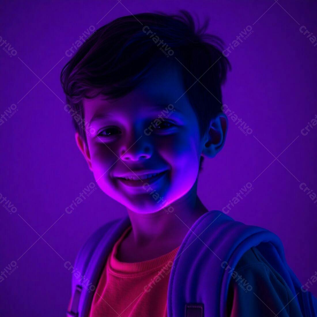 Menino sorridente com mochila luz roxa