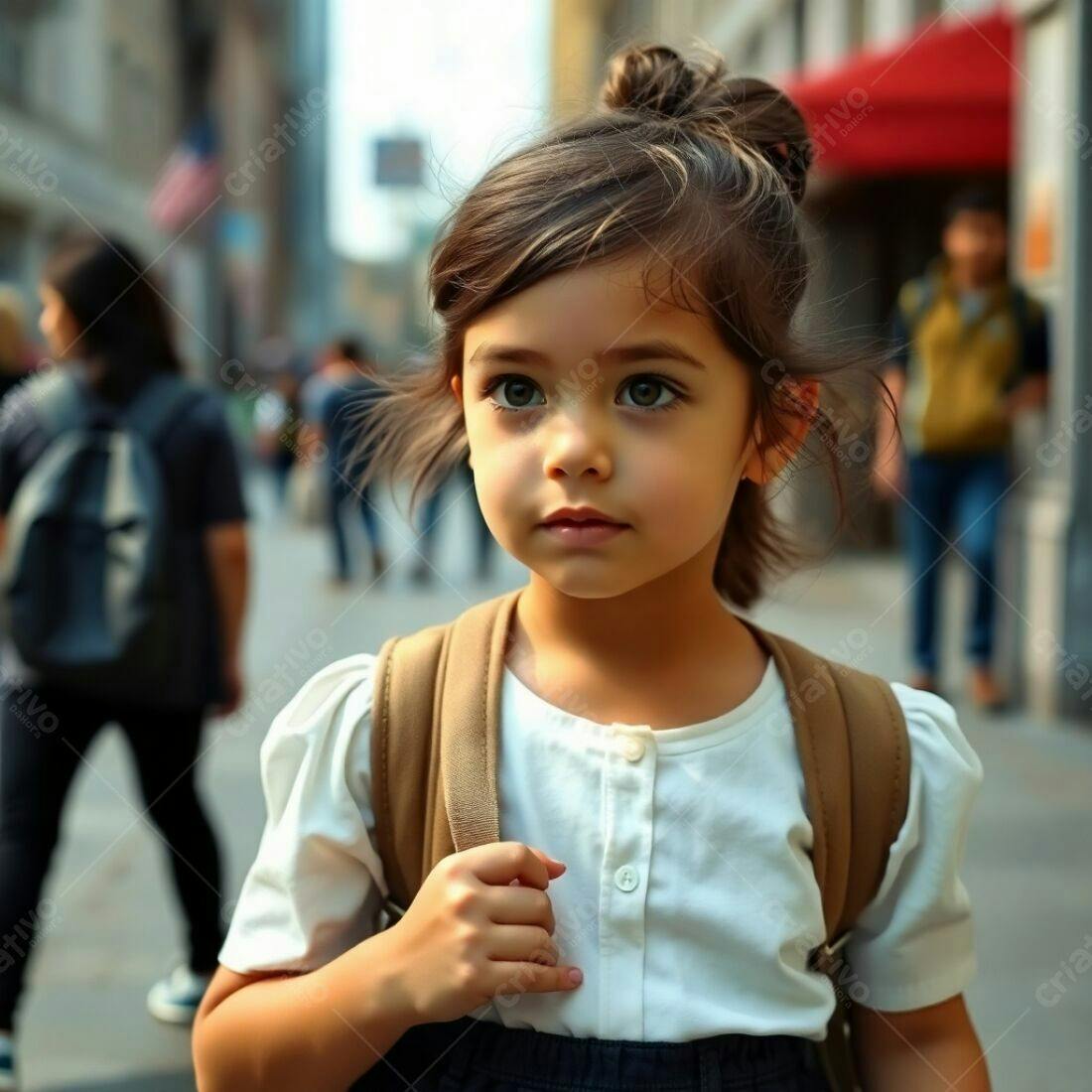 Menina com mochila em rua movimentada