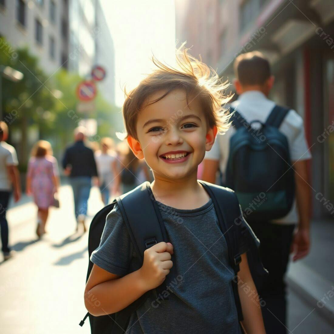 Criança feliz com mochila na rua